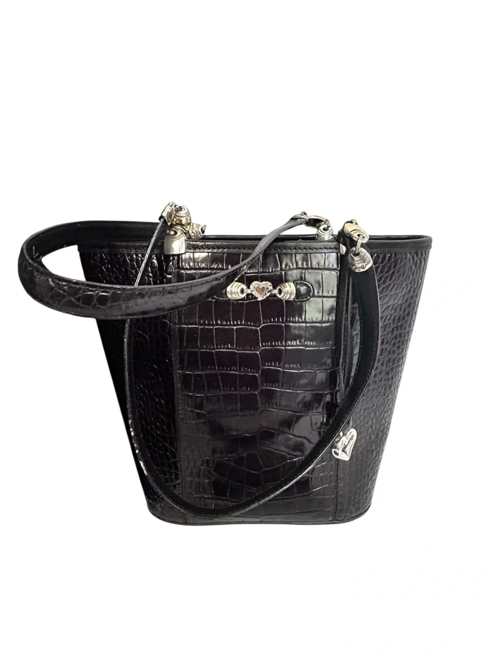 Vintage Brighton Shiny Black Croc Embossed Leather Shoulder Bucket Bag Purse